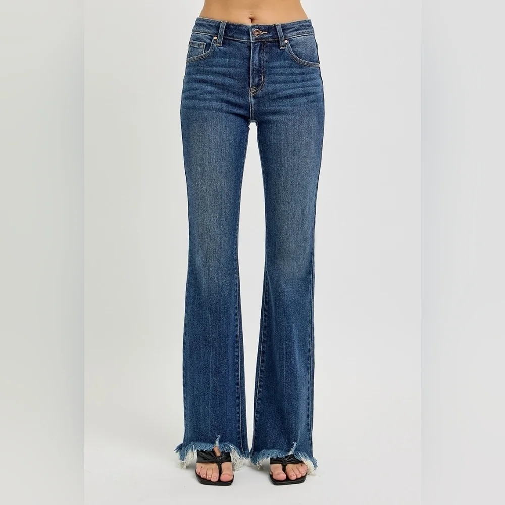 RISEN Mid Rise Dark Wash Flare Jeans Frayed Shredded Hems Retail Various NEW